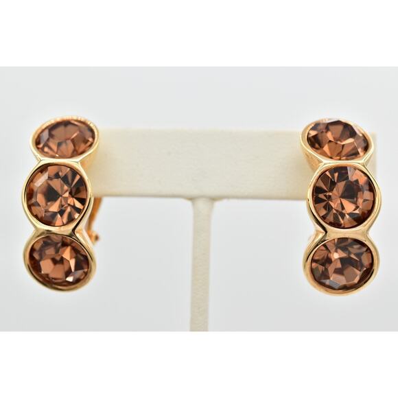 SAL Swarovski Chocolate Crystal Clip On Earrings Rhinestone Gold Signed BinBK - Picture 1 of 16